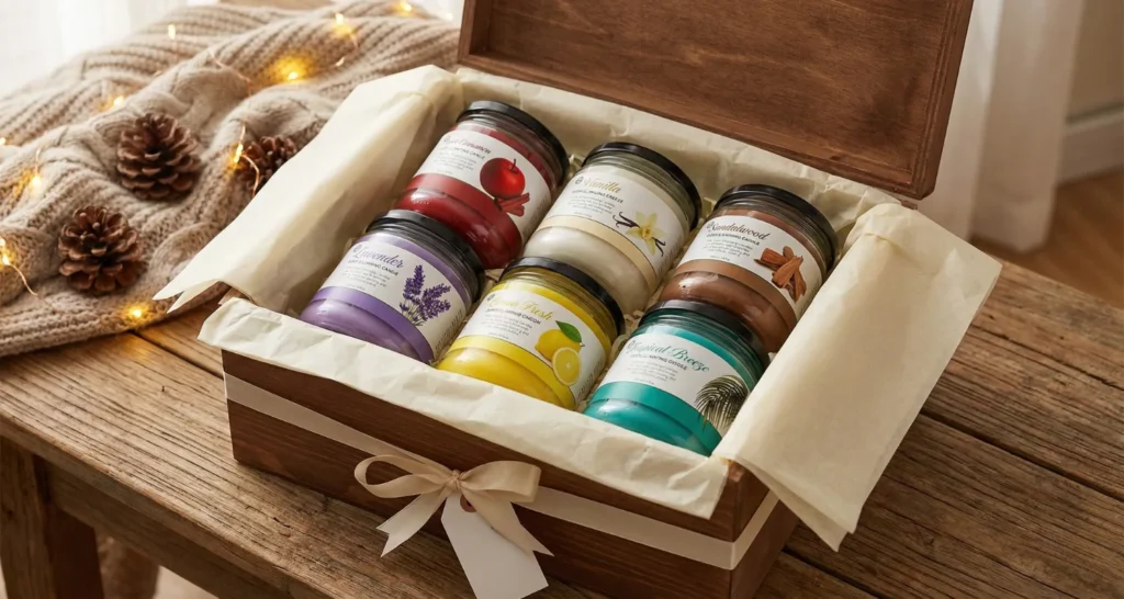 Wooden gift box with scented candles set: lavender, vanilla, sandalwood, lemon, tropical breeze and apple. festive home decor gift idea