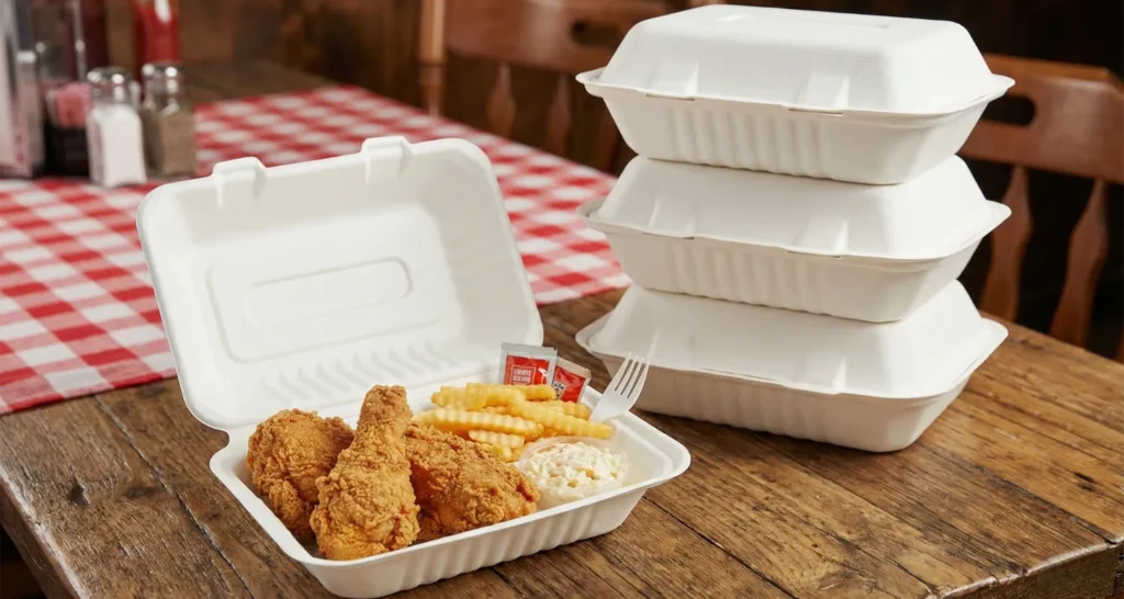 Stacked Disposable Bagasse Clamshell containers with fried chicken, French fries, and ketchup on wooden restaurant table