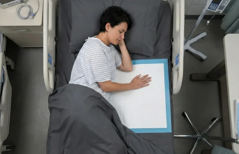 Hospital patient sleeping on side with disposable bed pad in medical room, top view of inpatient care setting