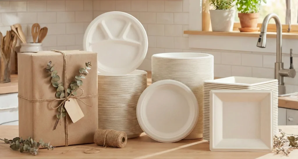Eco-Friendly Dining Sets - Sustainable Gifting With Purpose. Biodegradable plates stacked on kitchen counter, with wrapped gift, and natural decor in bright home setting