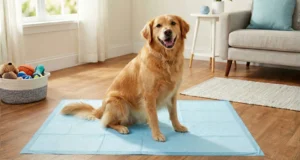 A dog sitting on blue pet training pad in modern living room