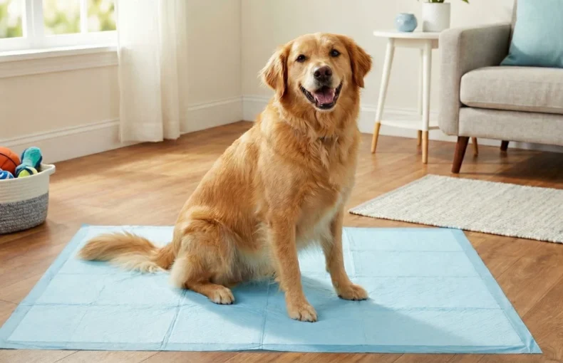 A dog sitting on blue pet training pad in modern living room