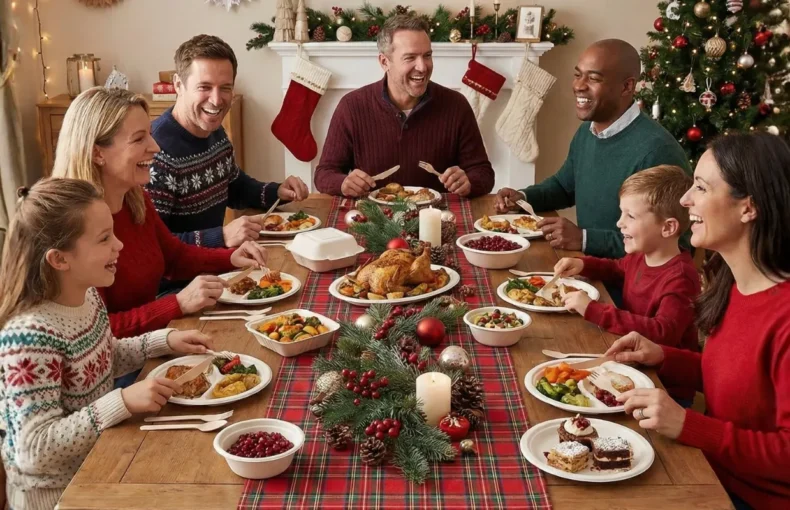 Family enjoying Christmas dinner at festive table with roast turkey, decorations, and holiday tree in cozy home