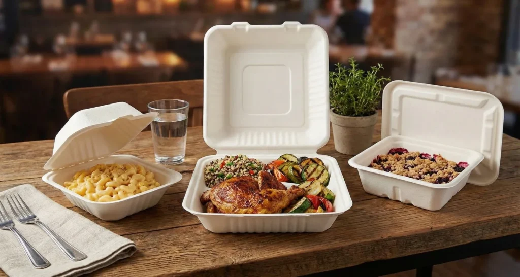 Compostable food containers with roast chicken, grilled vegetables, mac and cheese, and berry crumble on table