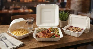 Compostable food containers with roast chicken, grilled vegetables, mac and cheese, and berry crumble on table