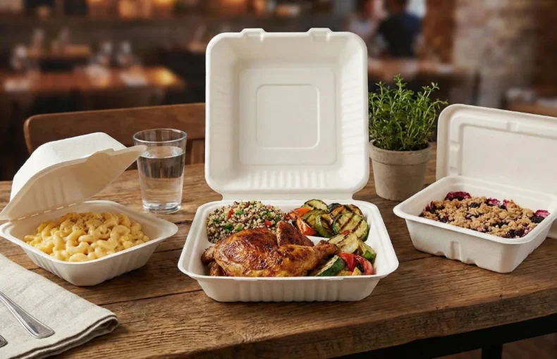 Compostable food containers with roast chicken, grilled vegetables, mac and cheese, and berry crumble on table