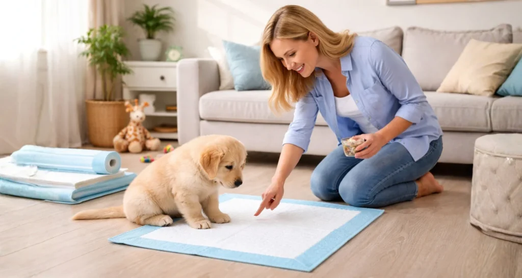 Woman training puppy on blue pet pee pad in living room with treats at home