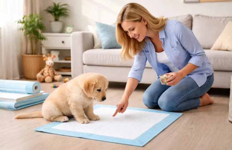 Woman training puppy on blue pet pee pad in living room with treats at home