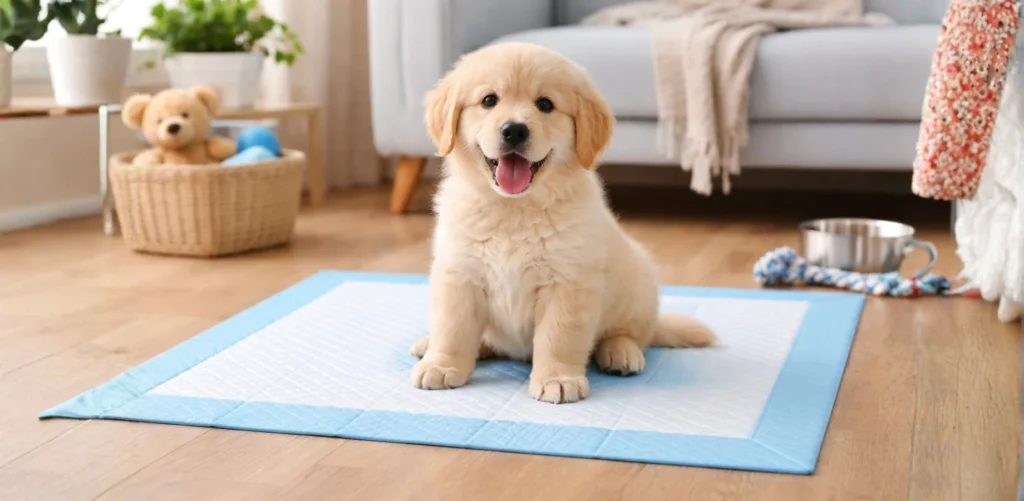 A small puppy sitting on blue pet training pad in modern living room