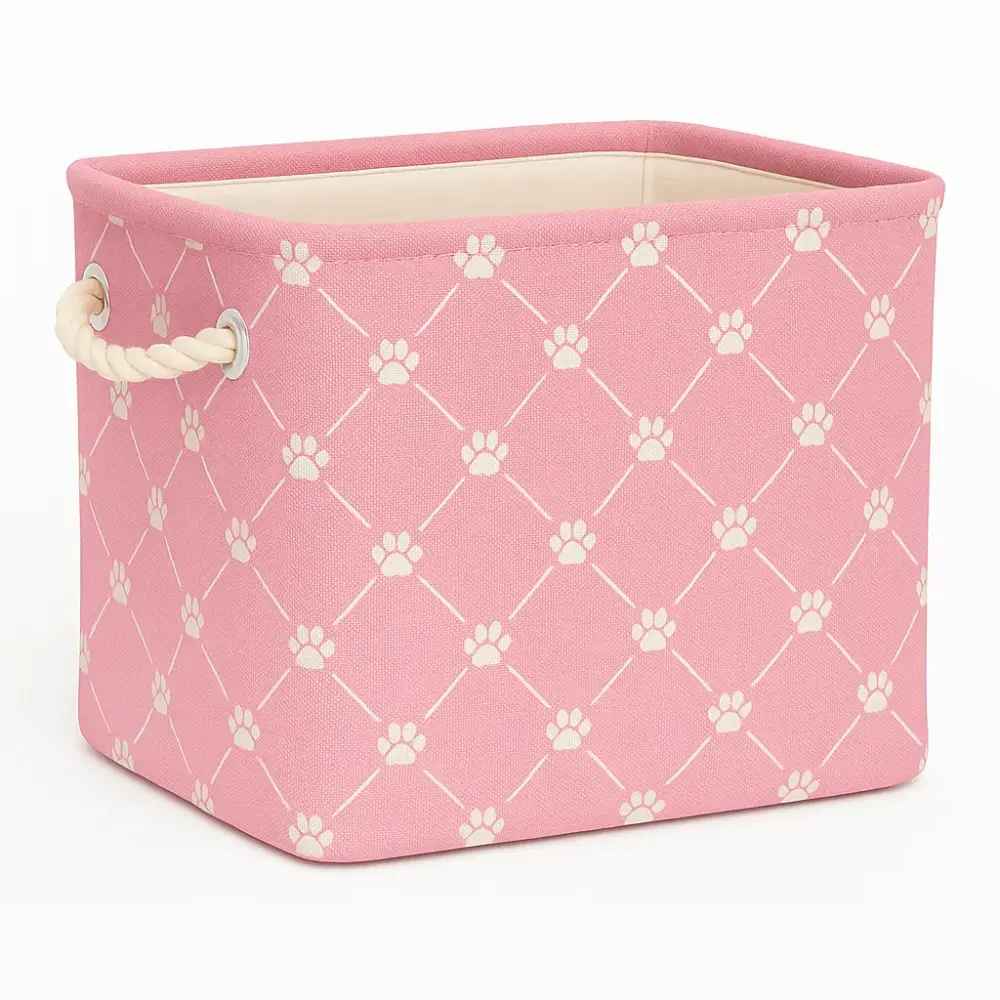 Medium Pink Polyester Pet Bin Trellis Paw Design Rectangle