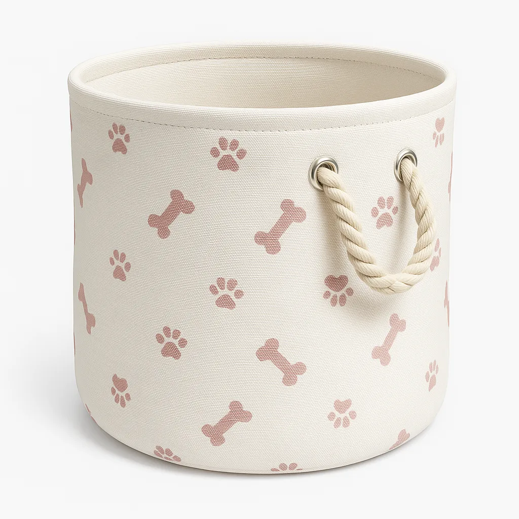 Medium Round Polyester Pet Bin with Paw and Bone Rose Design