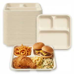 Disposable Square 3 Compartment Plates - 8 Inch - Eco-Friendly & Compostable Trays