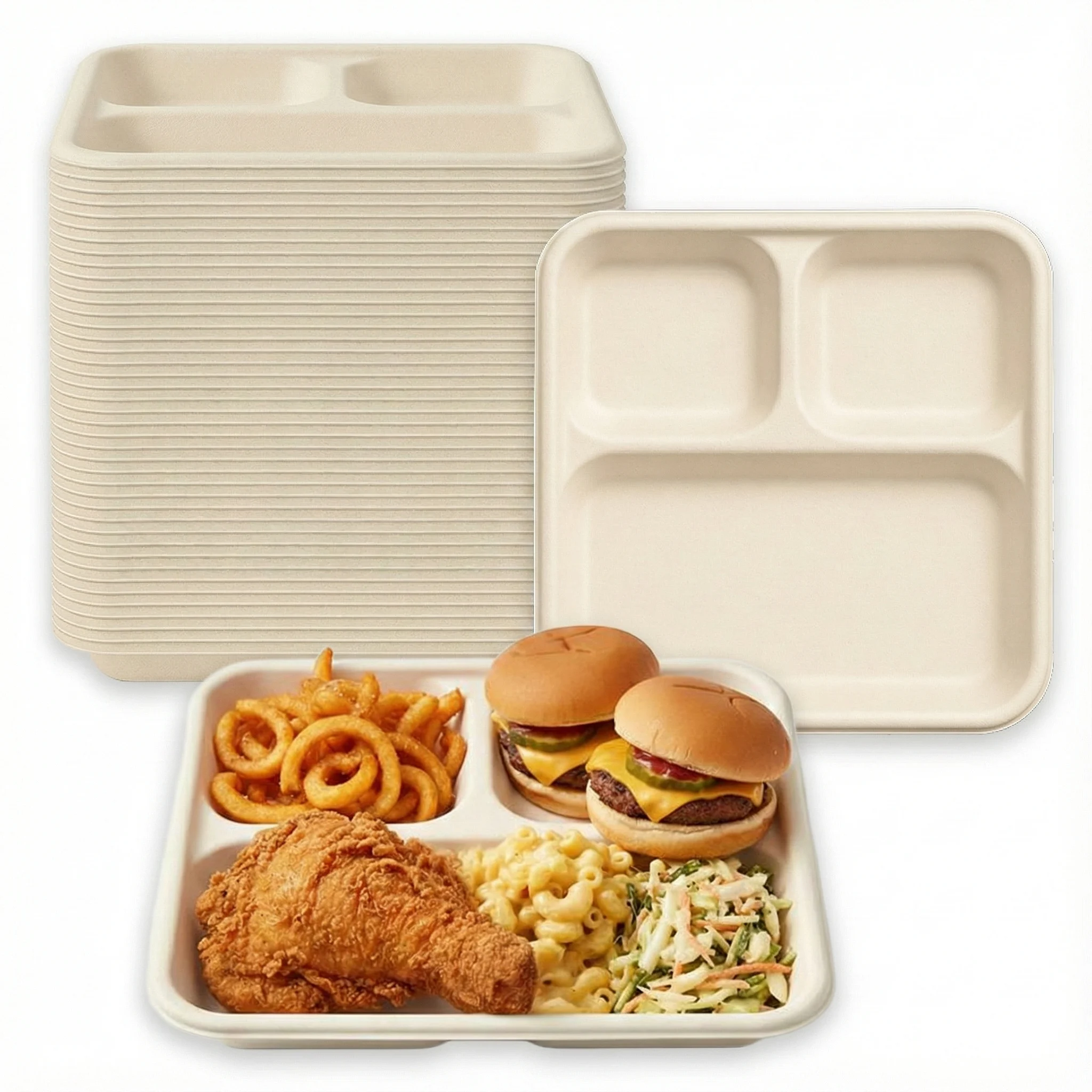 Disposable Square 3 Compartment Plates - 8 Inch - Eco-Friendly & Compostable Trays