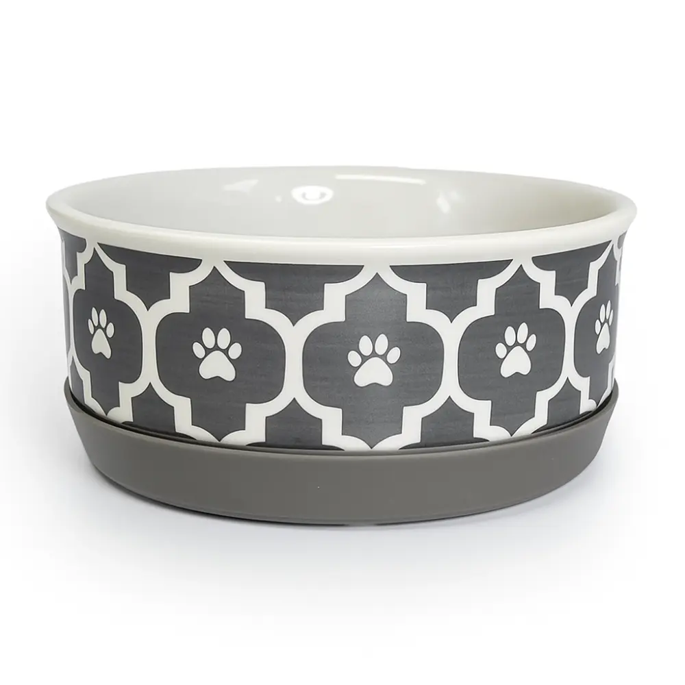 Small Pet Bowl in Lattice Gray Ceramic Dish for Dogs and Cats