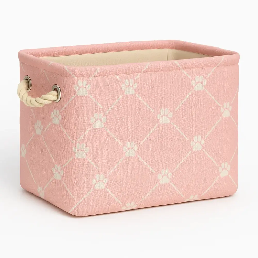 Small Pink Polyester Pet Bin with Paw Print Rectangle 14x8x9