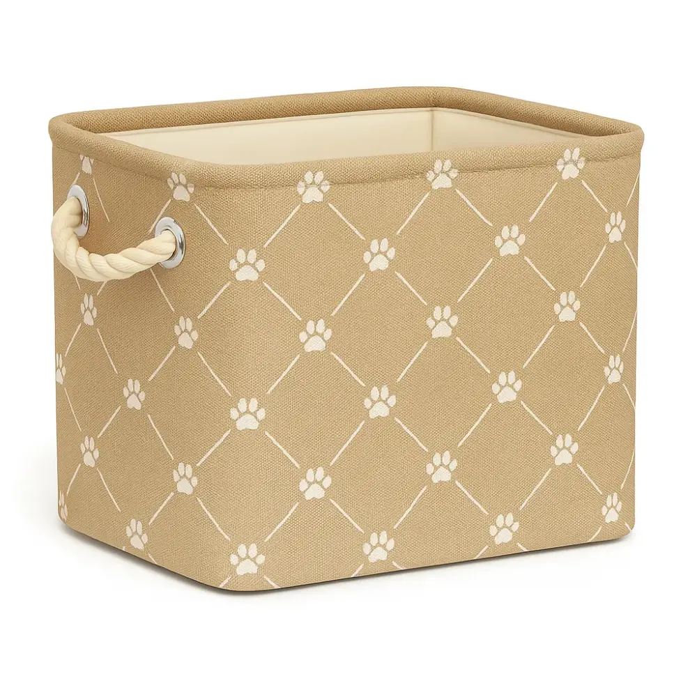 Small Rectangular Taupe Paw Print Polyester Pet Bin 14x8x9 Inch