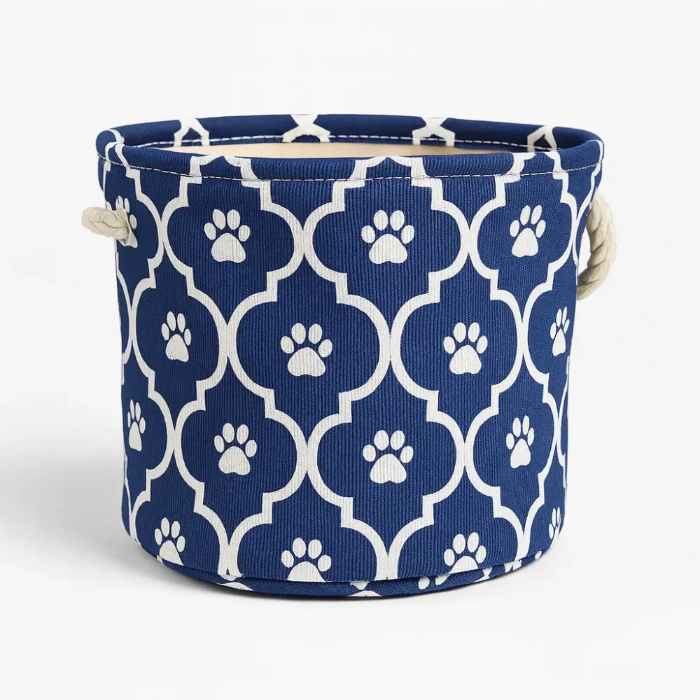 Small Round Nautical Blue Pet Bin Lattice Paw Design Polyester