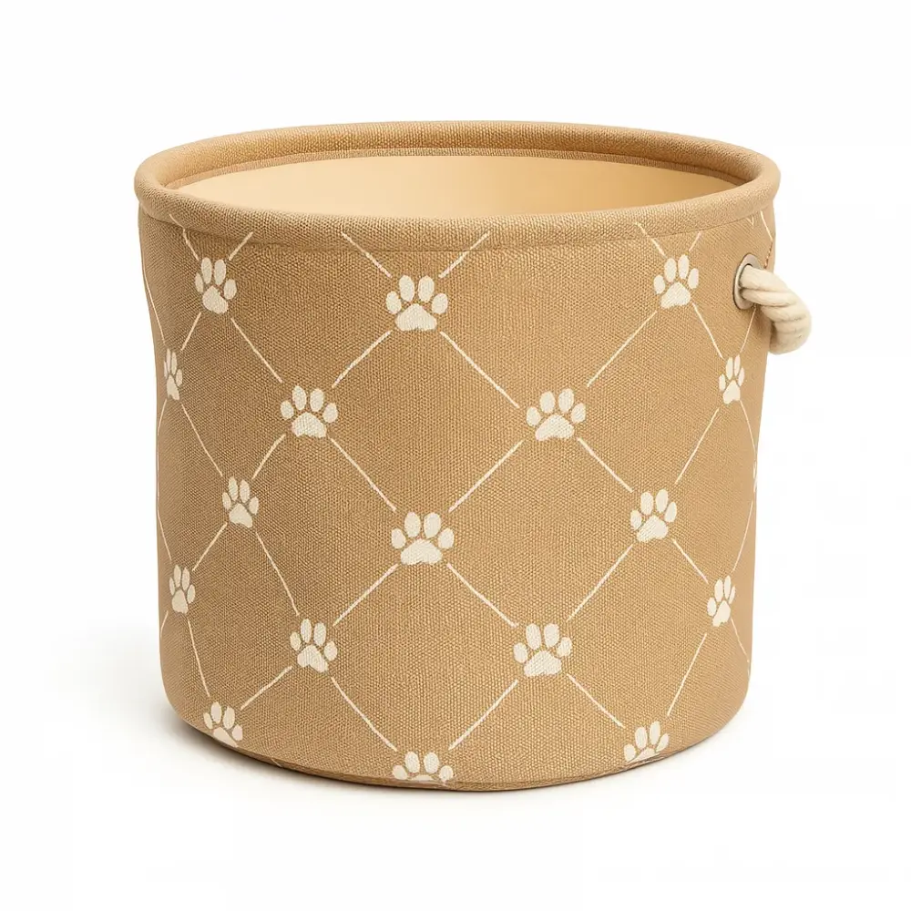 Small Round Polyester Pet Bin Trellis Paw Design in Taupe 9x12x12 Inch