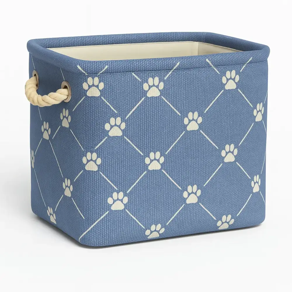 Small Stonewash Blue Paw Print Polyester Pet Bin Trellis Rectangle 14x8x9