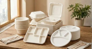 Biodegradable plates and containers stacked on a wooden table