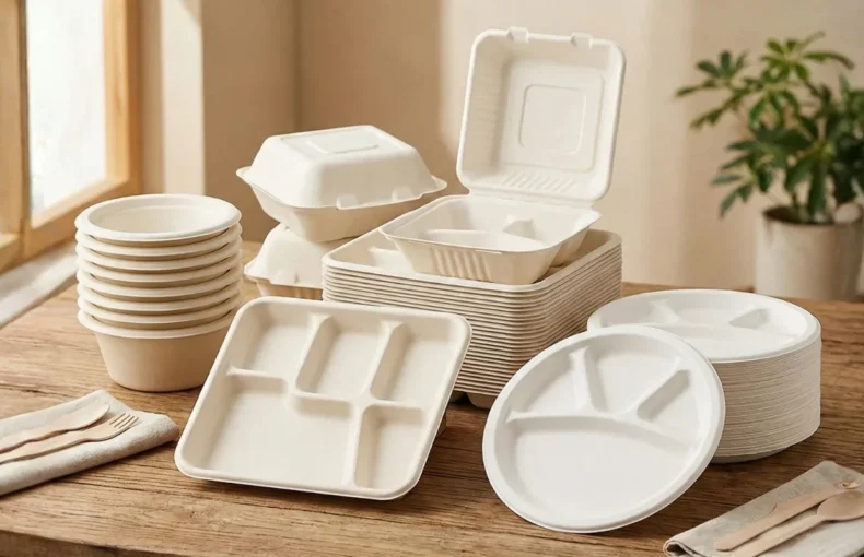 Biodegradable plates and containers stacked on a wooden table