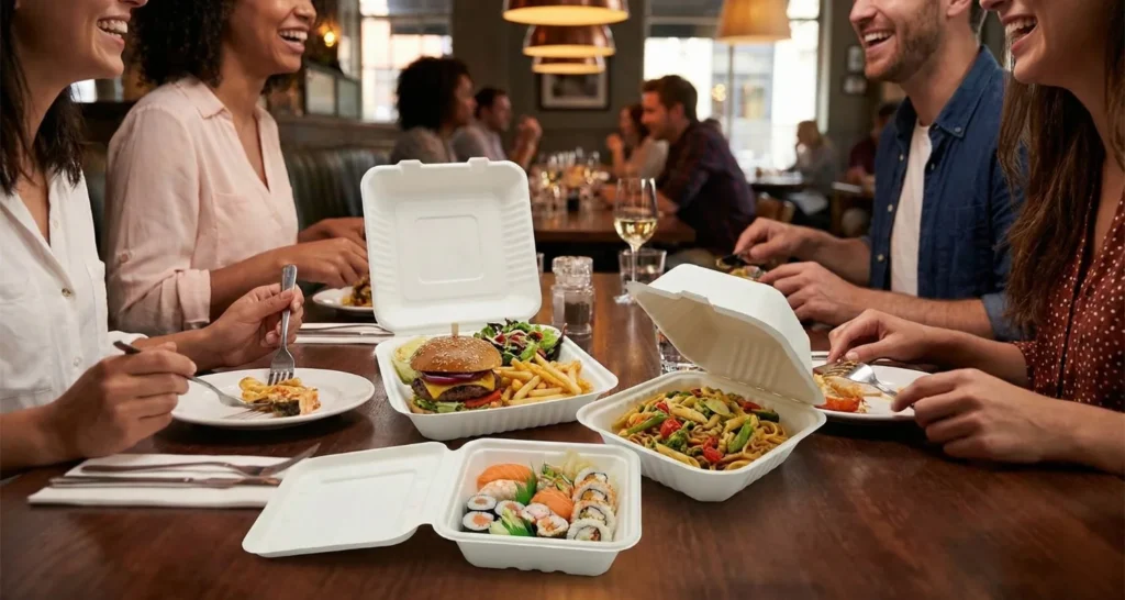 Friends dining at restaurant with compostable takeout containers on table, burger and fries, sushi and pasta inside