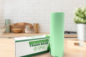 100% compostable trash bags roll on the kitchen counter