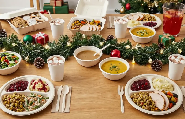 Festive table setting with Christmas decor, featuring biodegradable tableware
