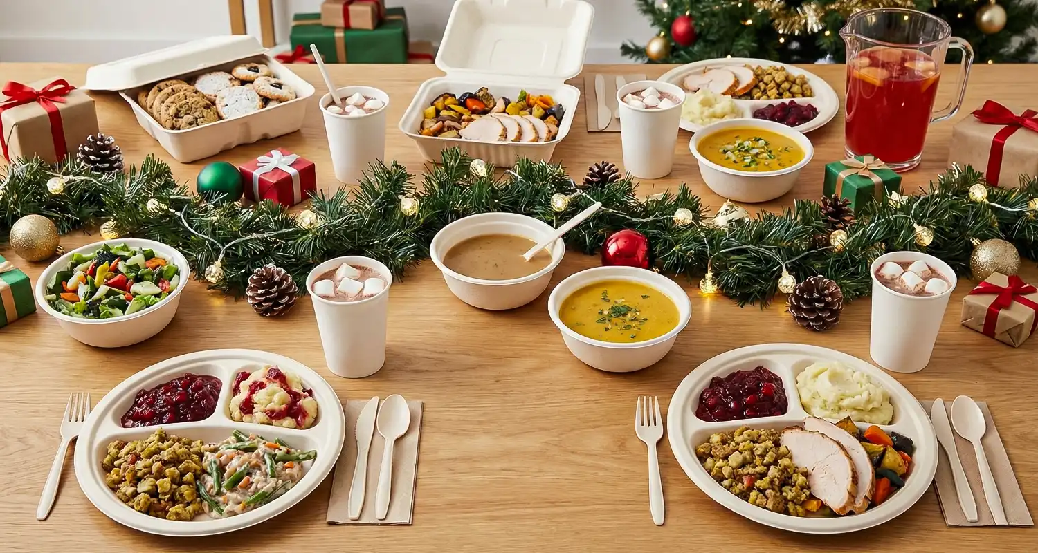 Festive table setting with Christmas decor, featuring biodegradable tableware