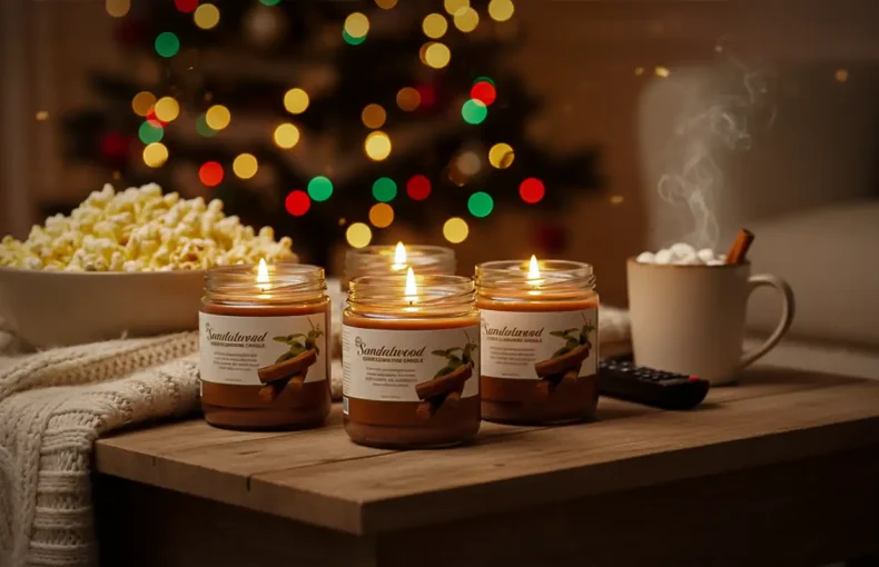 Three sandalwood candles burning on wooden table with popcorn and hot cocoa, cozy Christmas lights in background