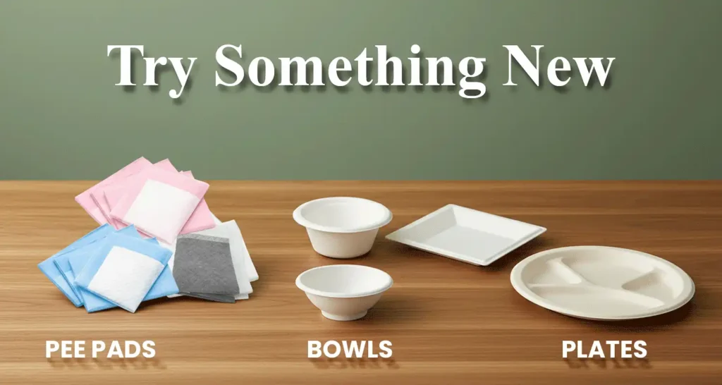 Promotional image with “Try Something New” text showcasing pee pads, compostable bowls and plates on table