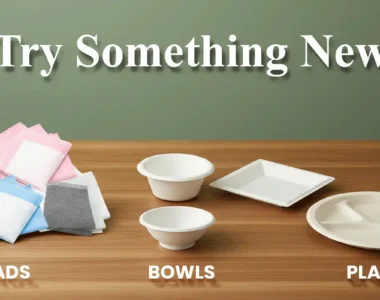Promotional image with “Try Something New” text showcasing pee pads, compostable bowls and plates on table