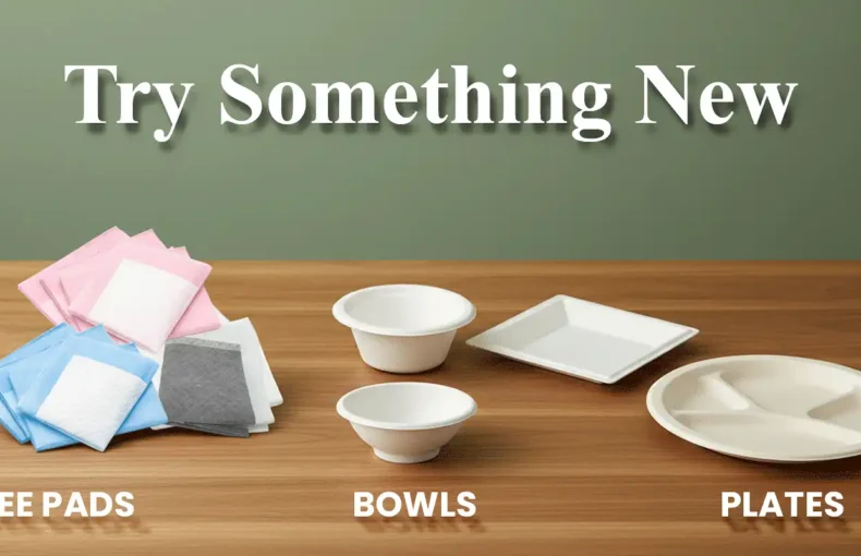 Promotional image with “Try Something New” text showcasing pee pads, compostable bowls and plates on table
