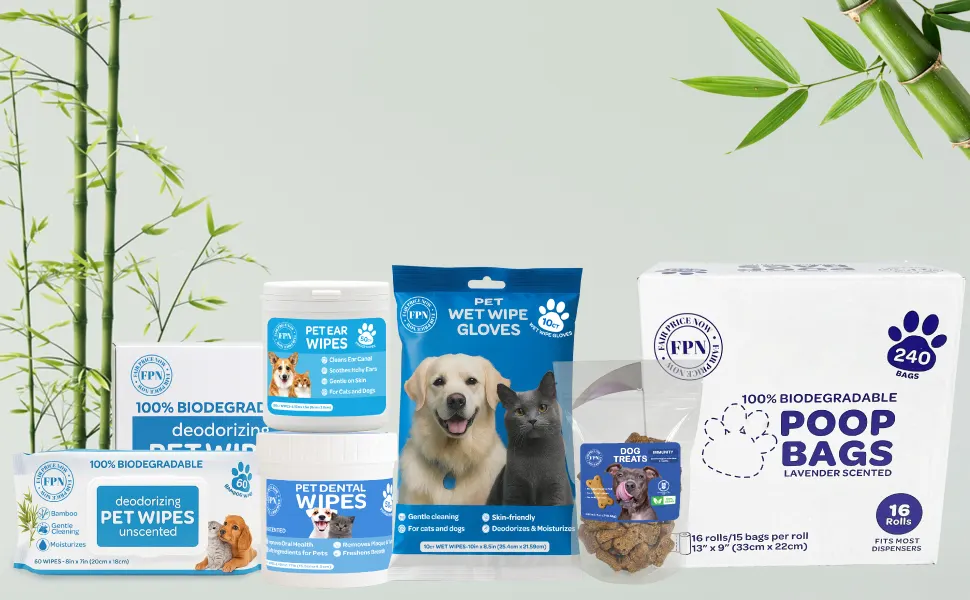 Bulk Price FPN pet wipes, wet wipe gloves, pet ear wipes, dental wipes, dog treats and biodegradable lavender poop bags product lineup